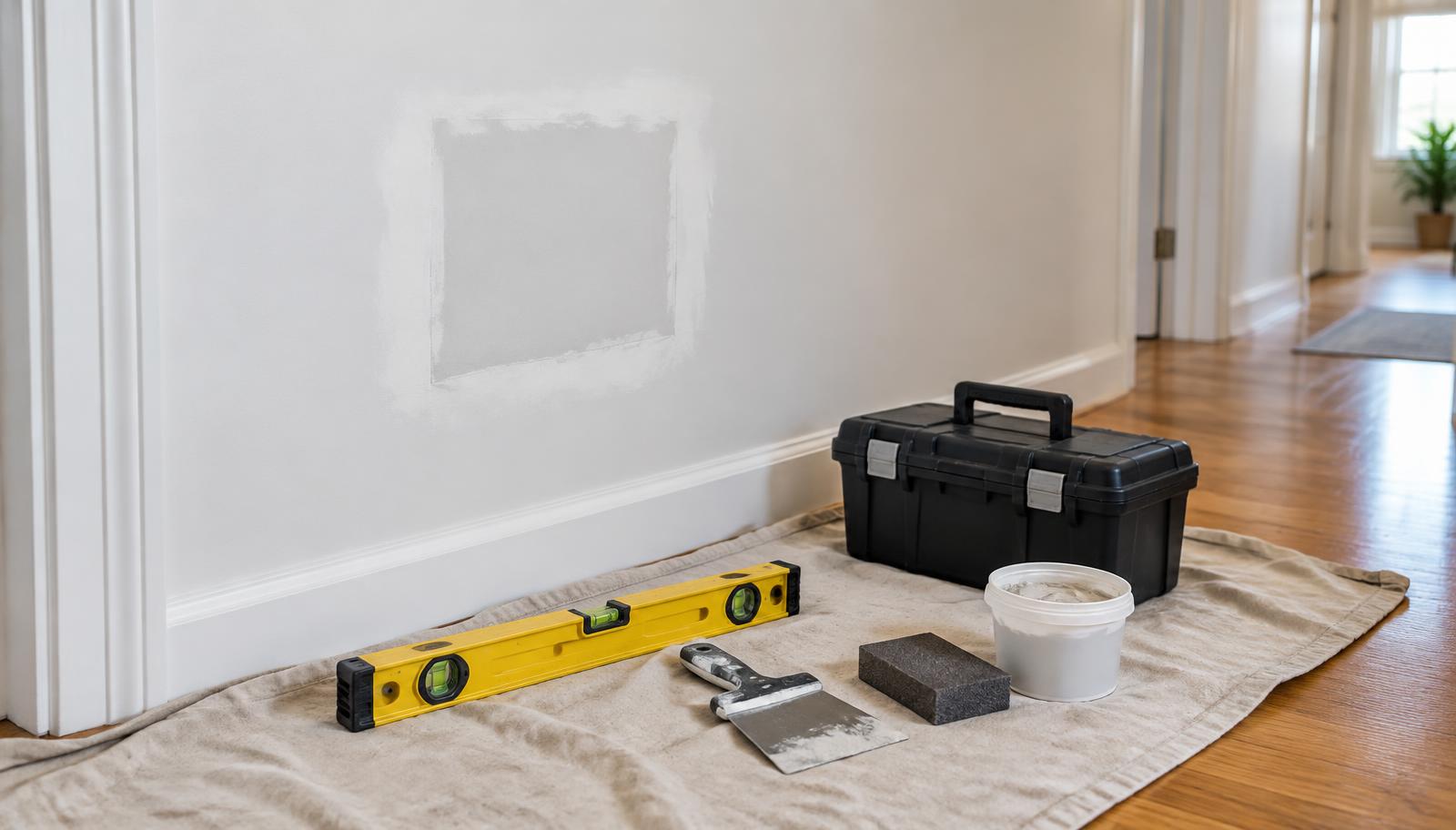 Drywall repair tools arranged beneath a freshly patched wall in a bright hallway