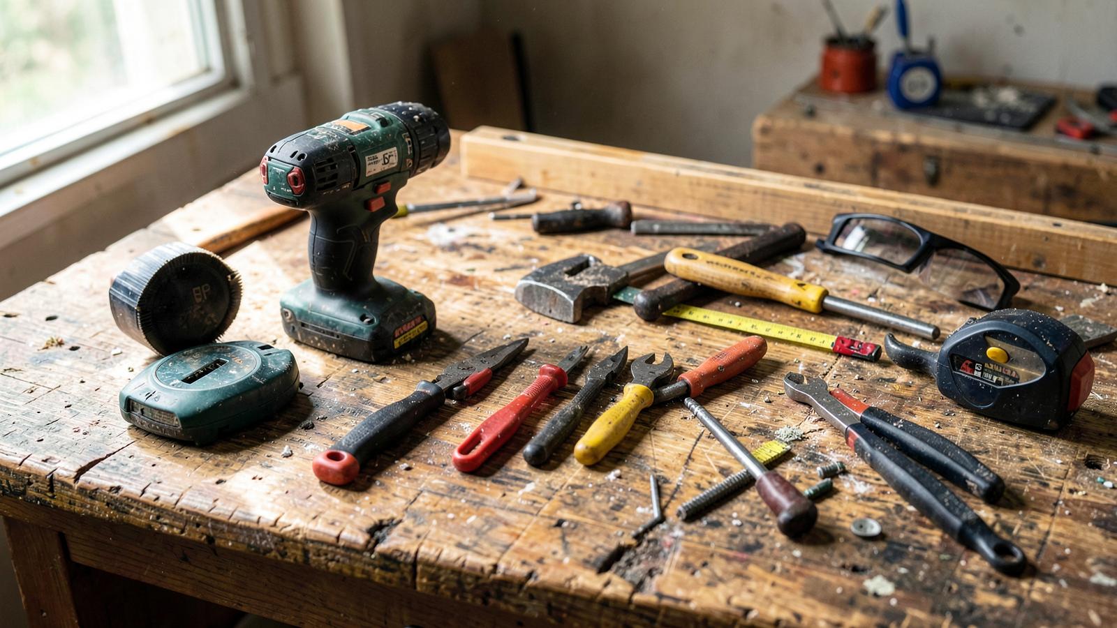 Essential hand tools and a cordless drill arranged on a well-used workbench