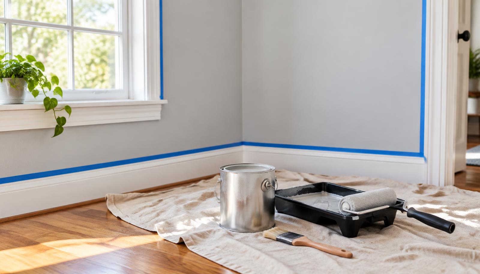 Bright interior room corner prepped for painting with blue tape, a paint can, roller tray, brush, and canvas drop cloth