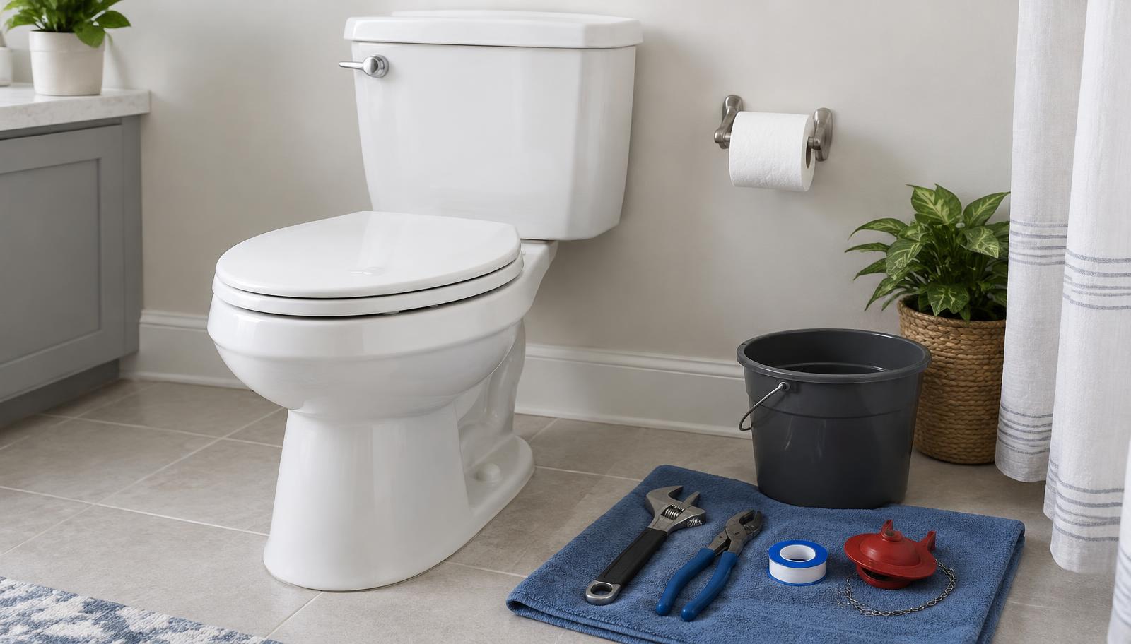 Toilet repair tools and a replacement flapper arranged beside a bathroom toilet