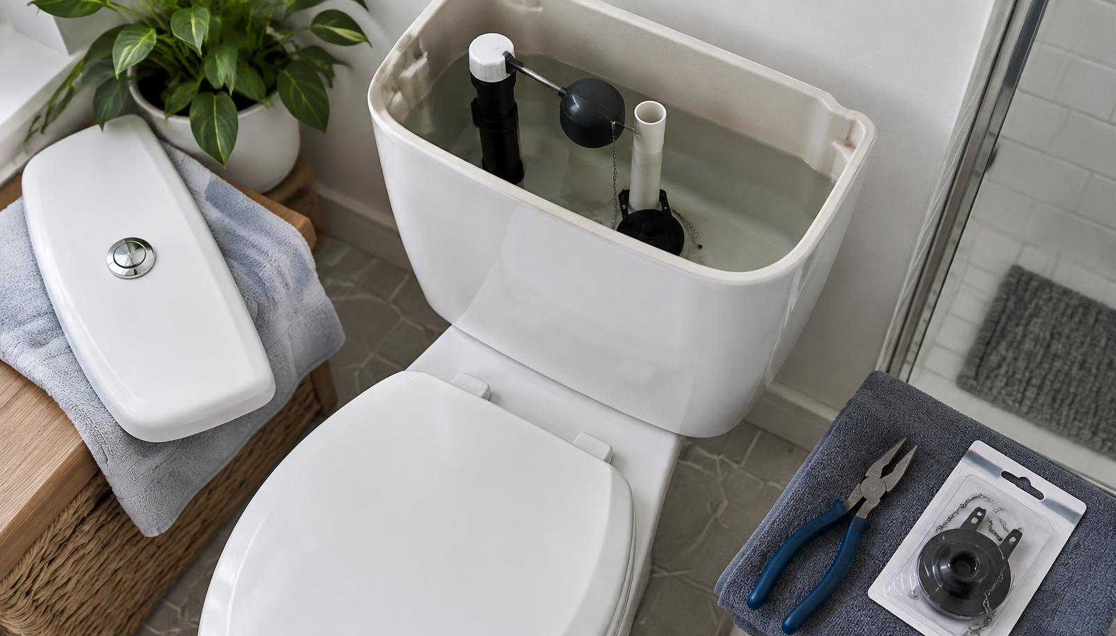 Open toilet tank showing the fill valve, float, overflow tube, chain, and flapper